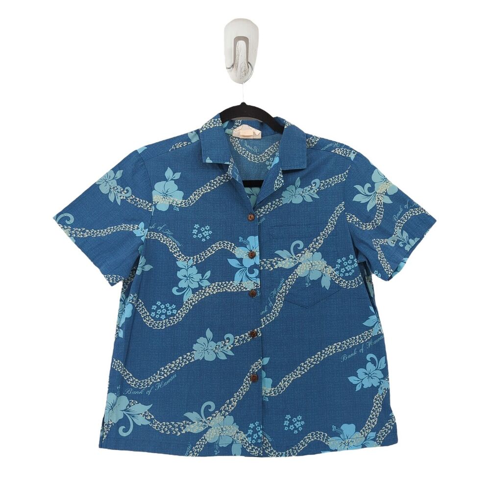 Bank of Hawaii Women S Blouse Top Blue Collared Floral Button Custom Company VTG